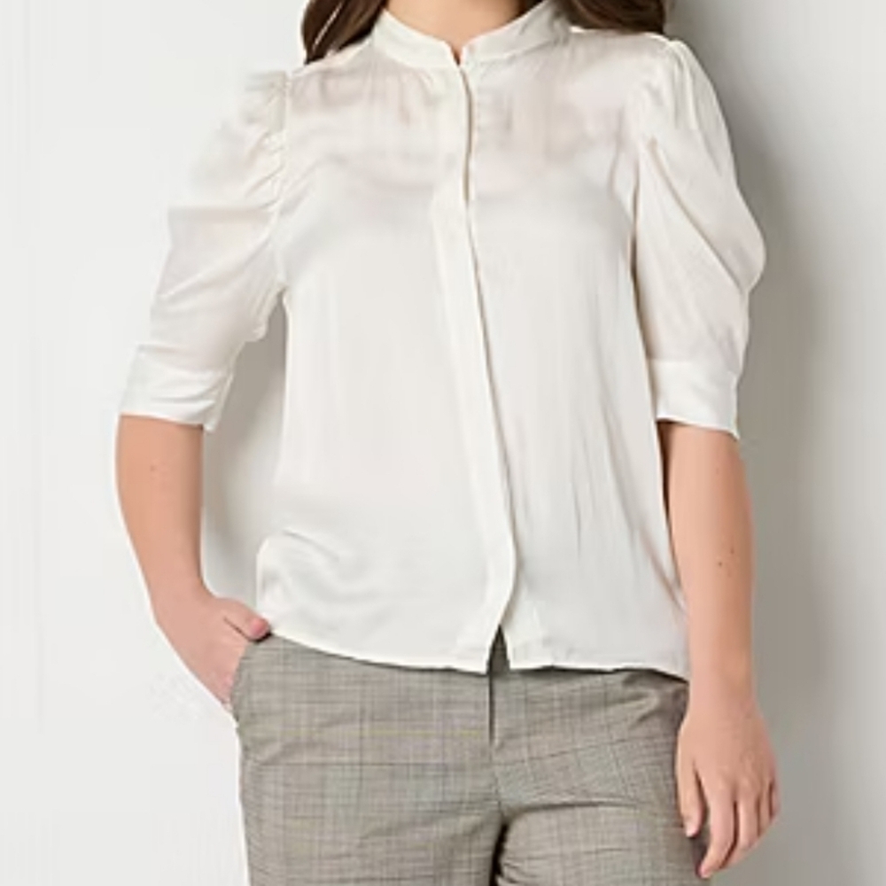 Worthington White Button Down Shirt with Boxy Fit and Mandarin Collar - Picture 10 of 11